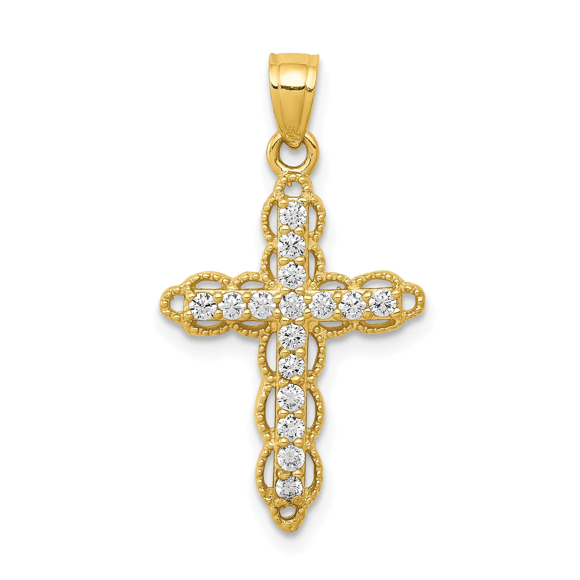 10K Gold Filigree Cross Pendant with CZ Stones Polished Finish