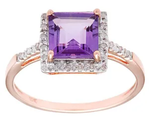 10k Rose Gold Square Amethyst and Diamond Halo Ring