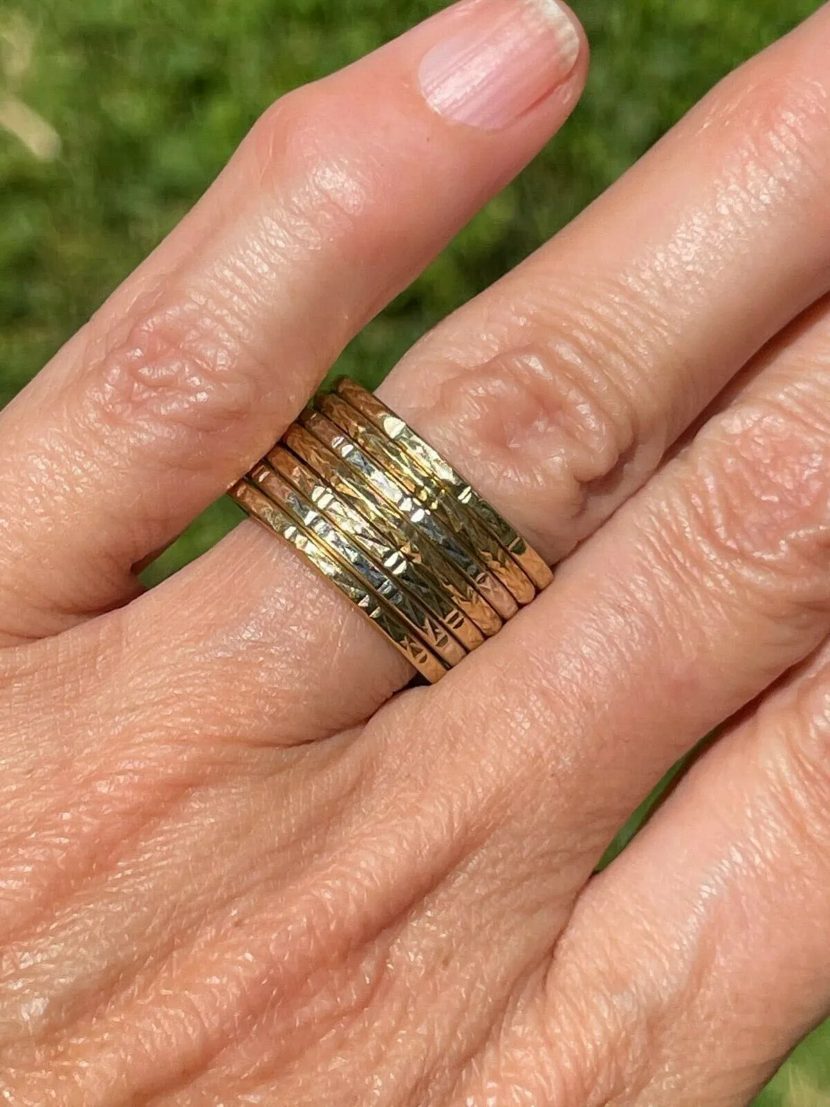 10k Yellow & White Gold *7* Band Diamond Cut Stacking Ring Set. 6g and 1/2" Wide