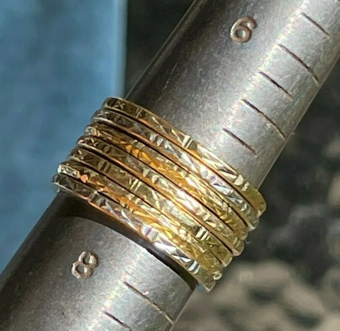 10k Yellow & White Gold *7* Band Diamond Cut Stacking Ring Set. 6g and 1/2" Wide