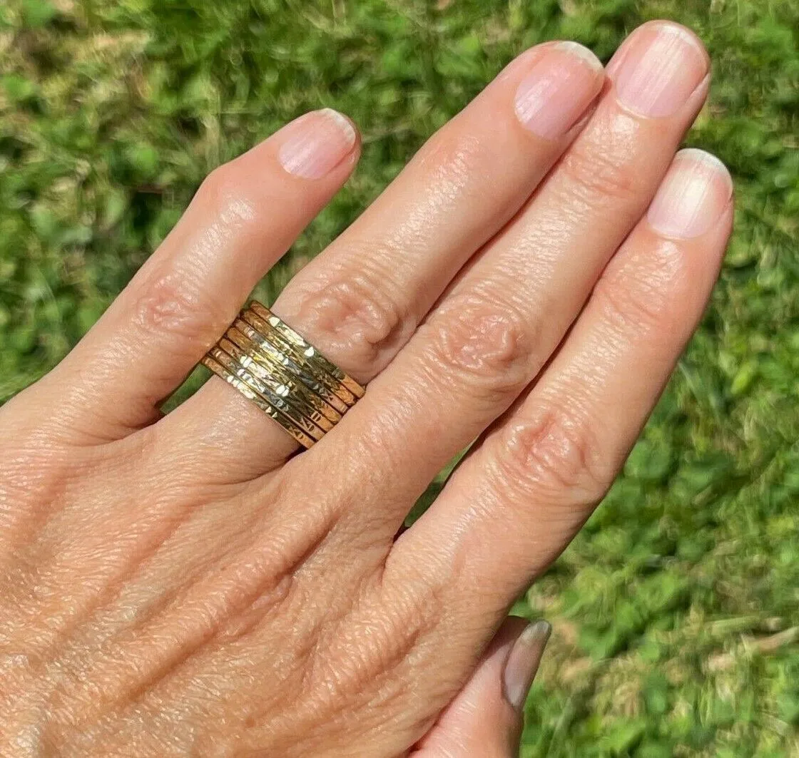 10k Yellow & White Gold *7* Band Diamond Cut Stacking Ring Set. 6g and 1/2" Wide