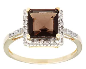 10k Yellow Gold Square Smoky Quartz and Diamond Halo Ring