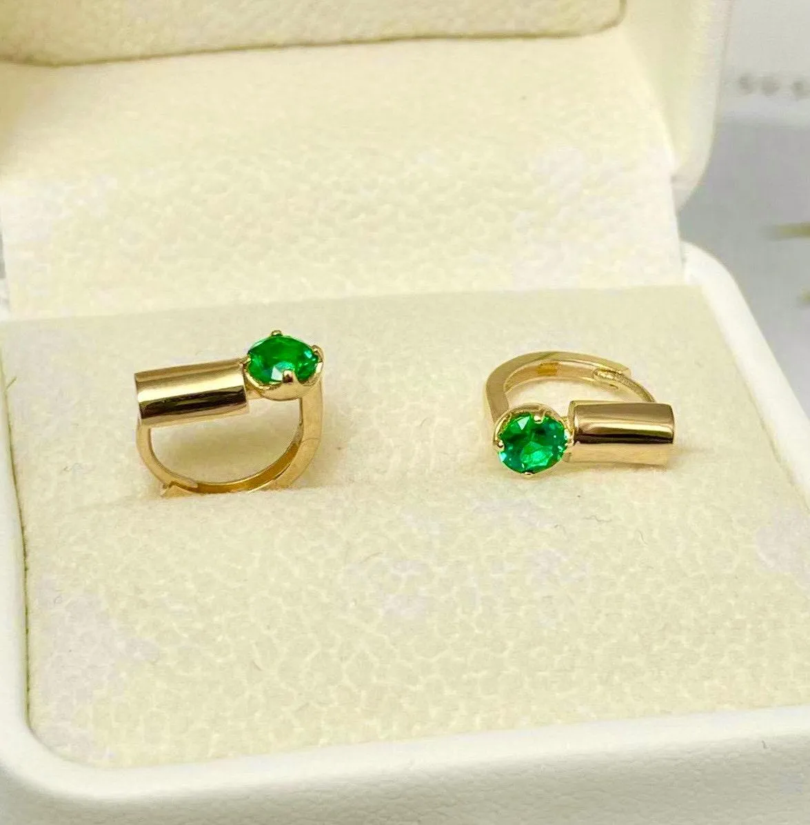 14k Geometric Huggie Hoop Earrings with Green Gemstones