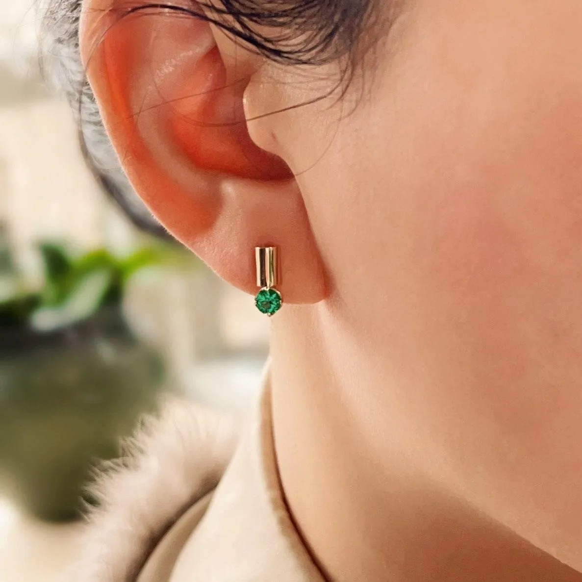 14k Geometric Huggie Hoop Earrings with Green Gemstones