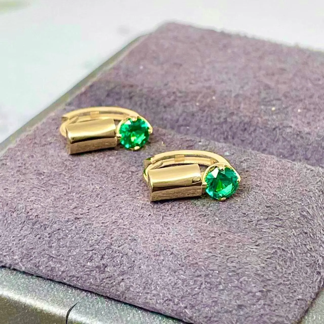14k Geometric Huggie Hoop Earrings with Green Gemstones