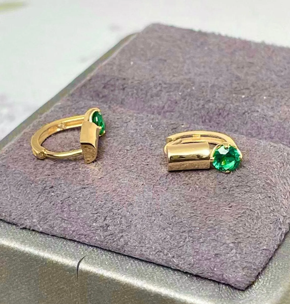 14k Geometric Huggie Hoop Earrings with Green Gemstones