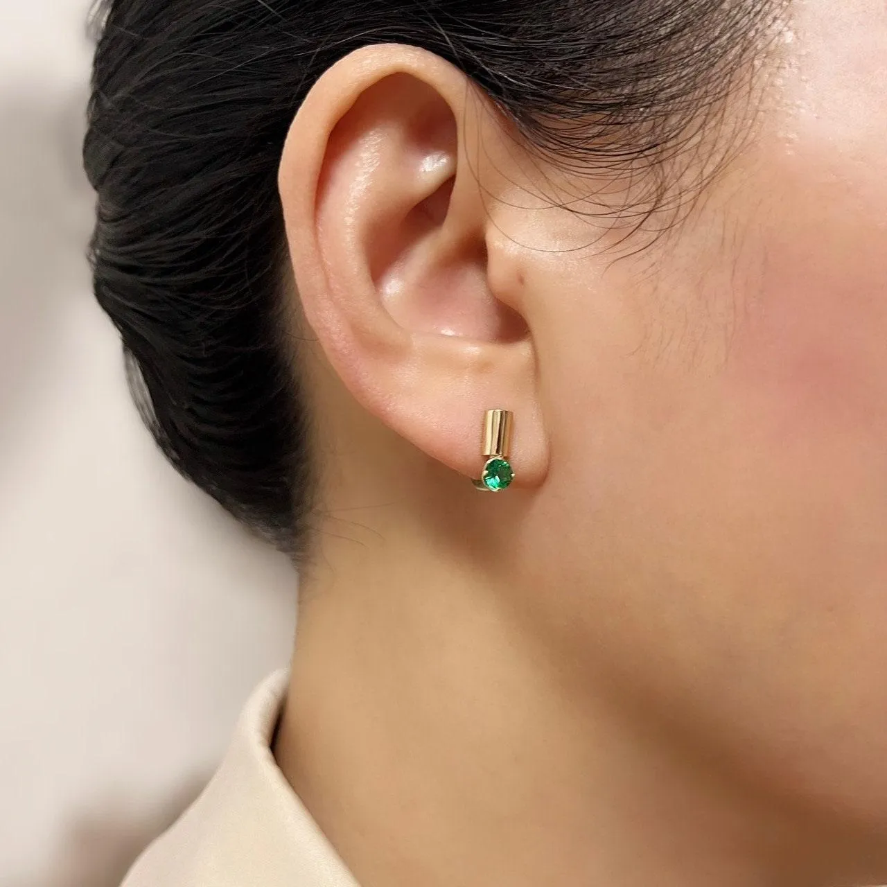 14k Geometric Huggie Hoop Earrings with Green Gemstones
