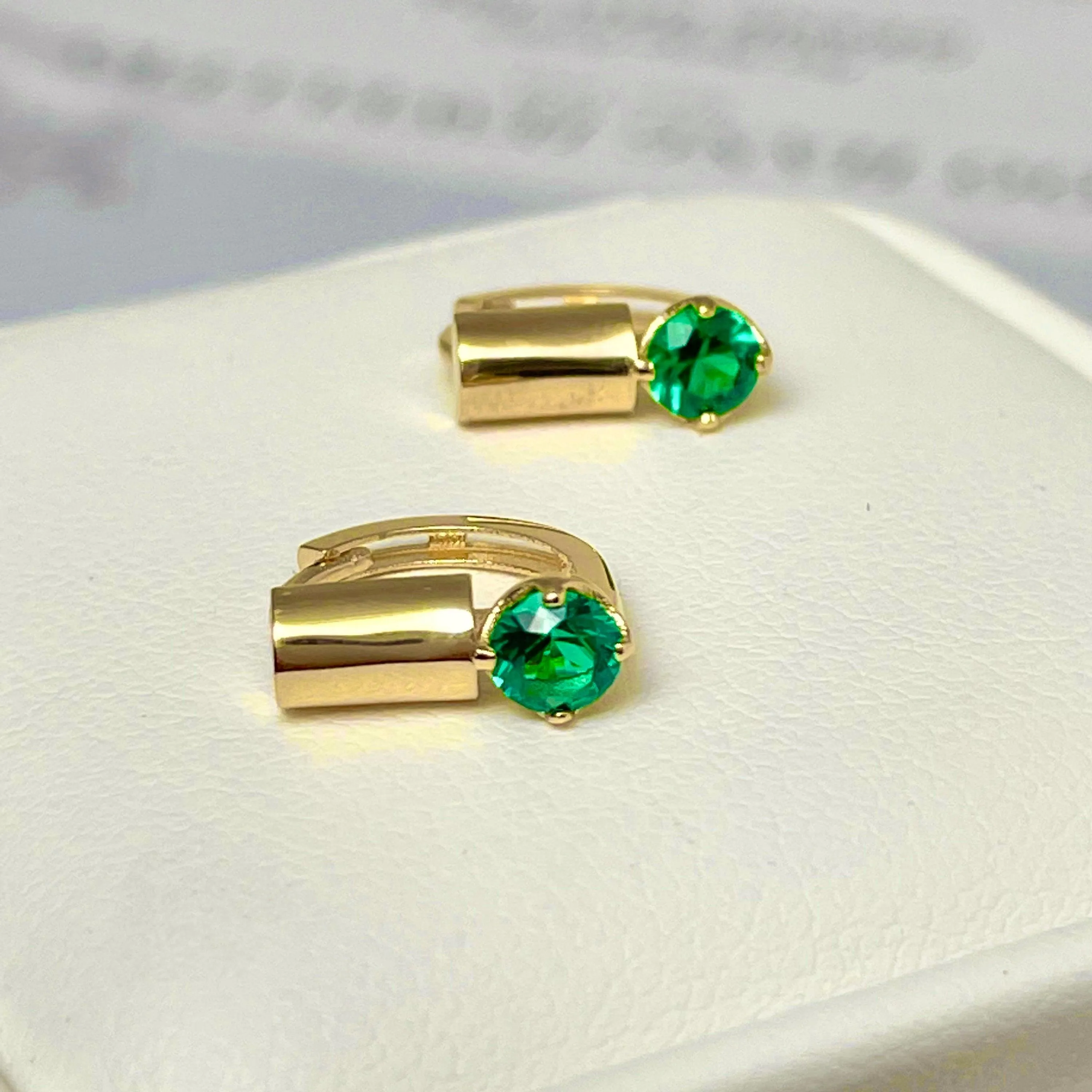 14k Geometric Huggie Hoop Earrings with Green Gemstones