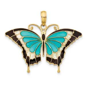 14K Gold Aqua Enameled Butterfly Pendant with Multi-Color Accents, Polished Finish