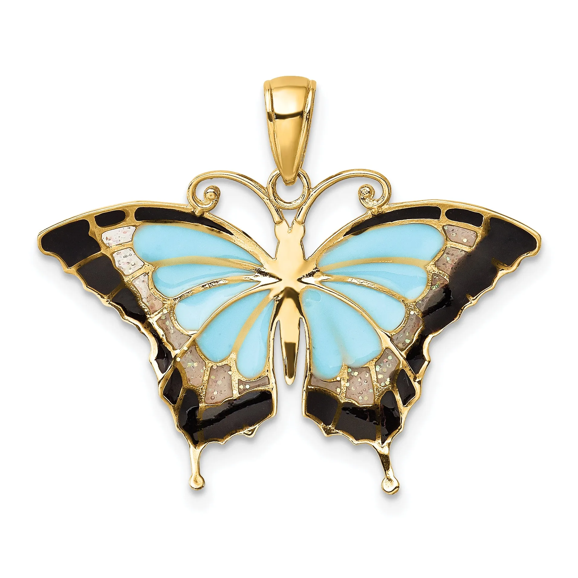 14K Gold Aqua Enameled Butterfly Pendant with Multi-Color Accents, Polished Finish
