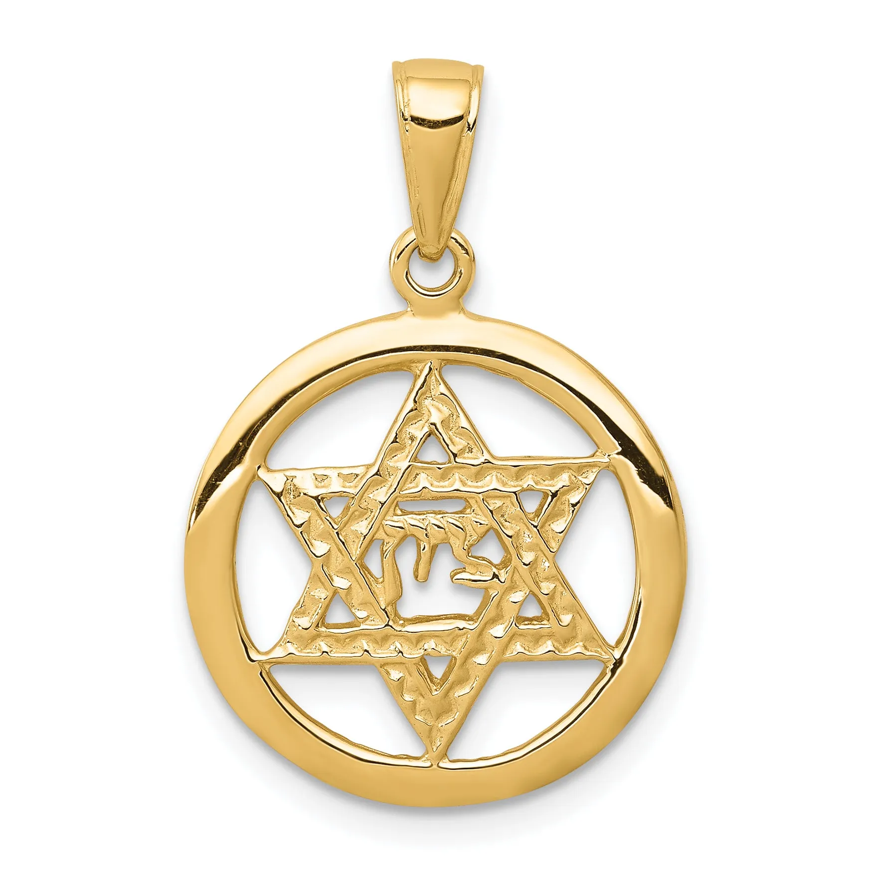 14K Gold Jewish Chai Pendant in Star of David Elegant Cast Design