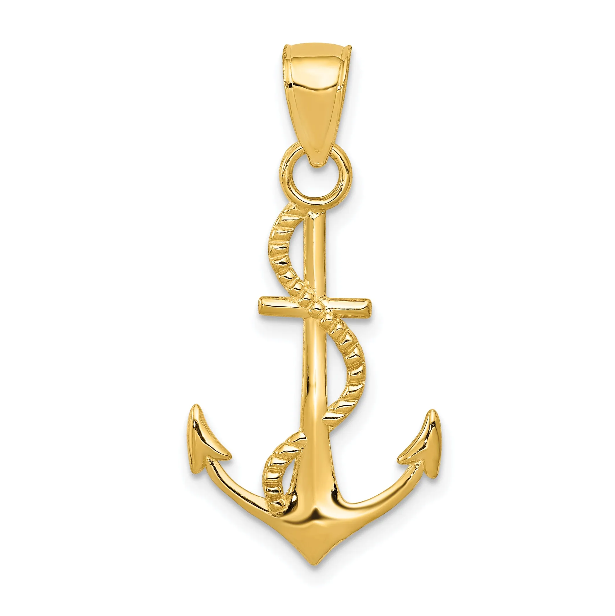 14K Gold Men's Polished Anchor with Rope Pendant Solid Elegant Design