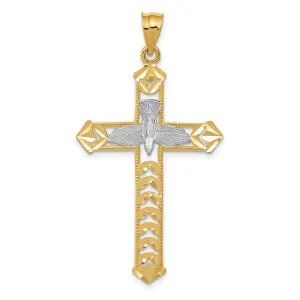 14K Gold Polished Diamond-Cut Dove Cross Pendant with Rhodium Accents