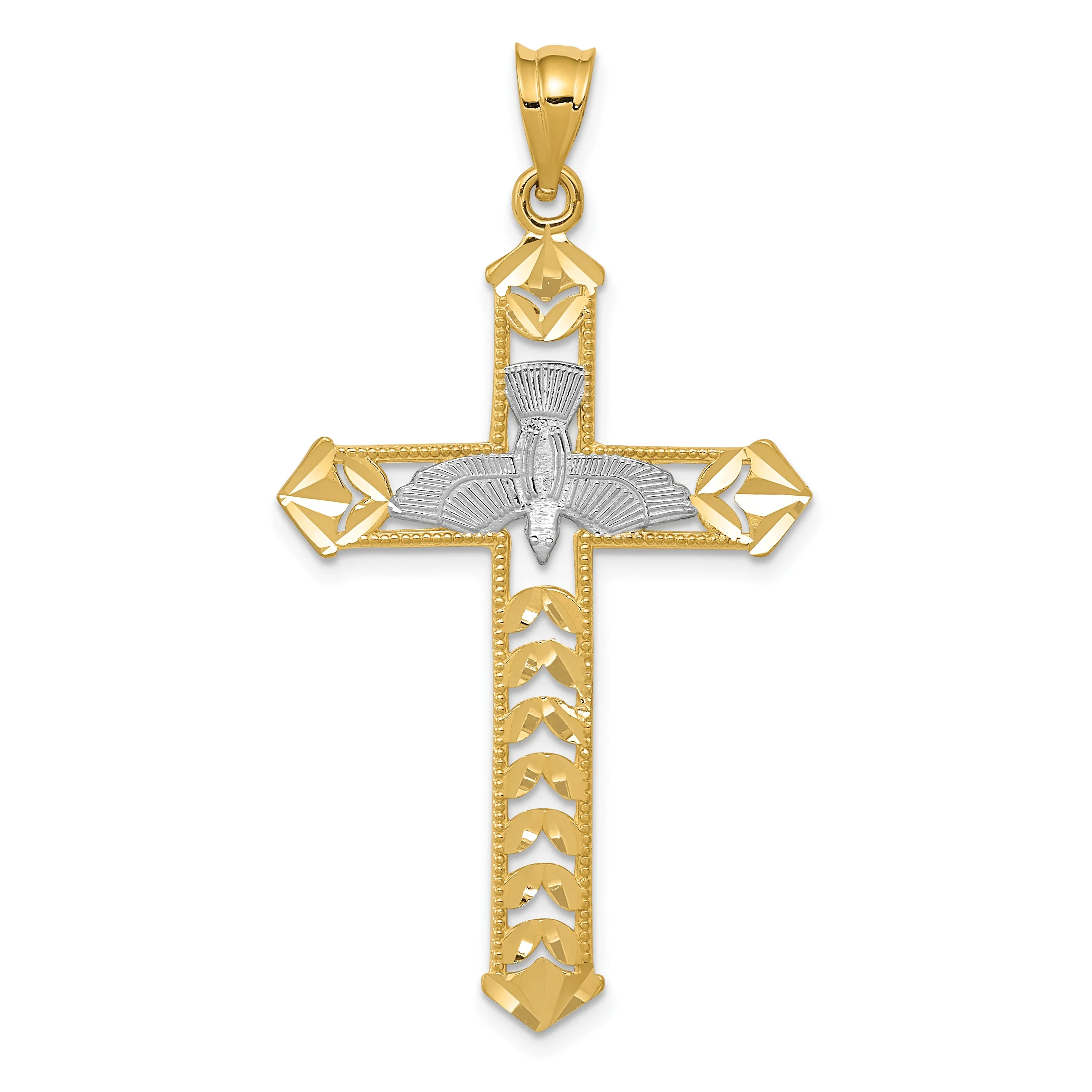 14K Gold Polished Diamond-Cut Dove Cross Pendant with Rhodium Accents