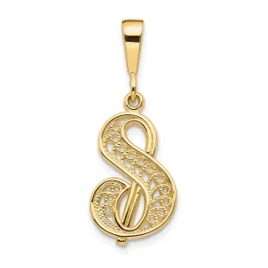 14K Gold Polished Script Filigree Letter S Pendant Elegant Statement Piece