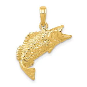 14K Gold Polished Textured Bass Fish Pendant for Men Solid Cast Design