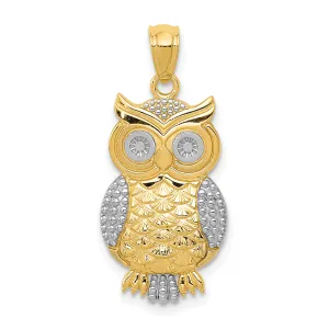 14K Gold Rhodium Accented Owl Pendant with Polished Textured Finish Men's