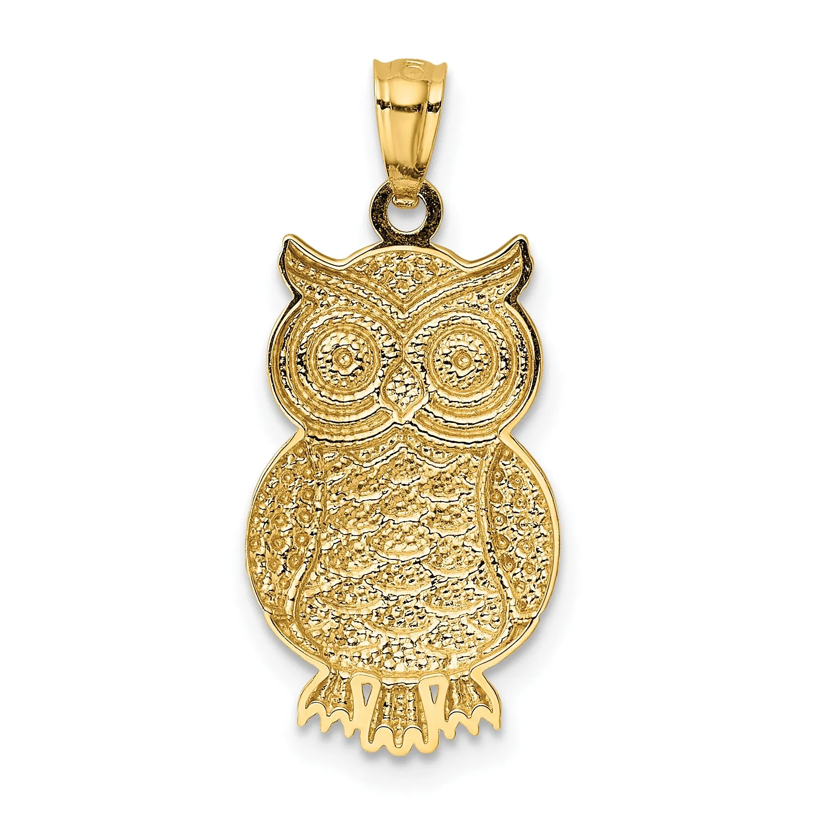 14K Gold Rhodium Accented Owl Pendant with Polished Textured Finish Men's
