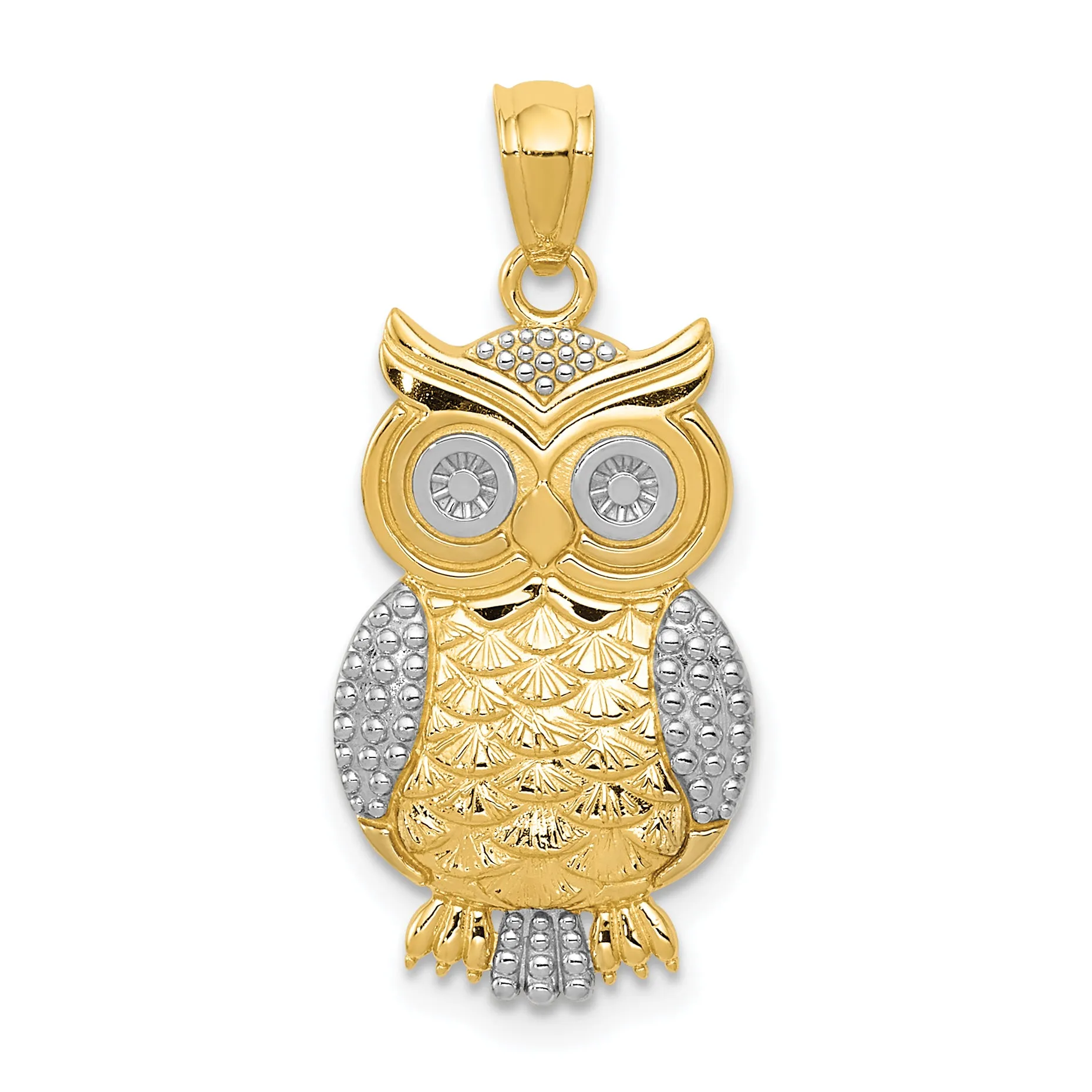14K Gold Rhodium Accented Owl Pendant with Polished Textured Finish Men's