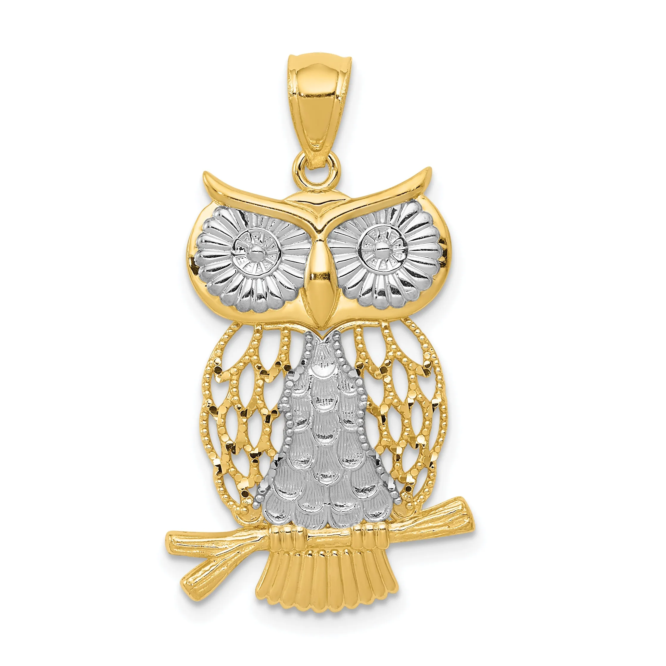 14K Gold Rhodium Diamond-Cut Moveable Owl Pendant Polished Finish