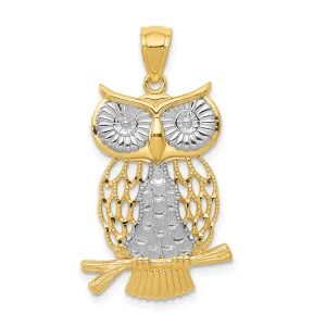 14K Gold Rhodium Diamond-Cut Moveable Owl Pendant Polished Finish
