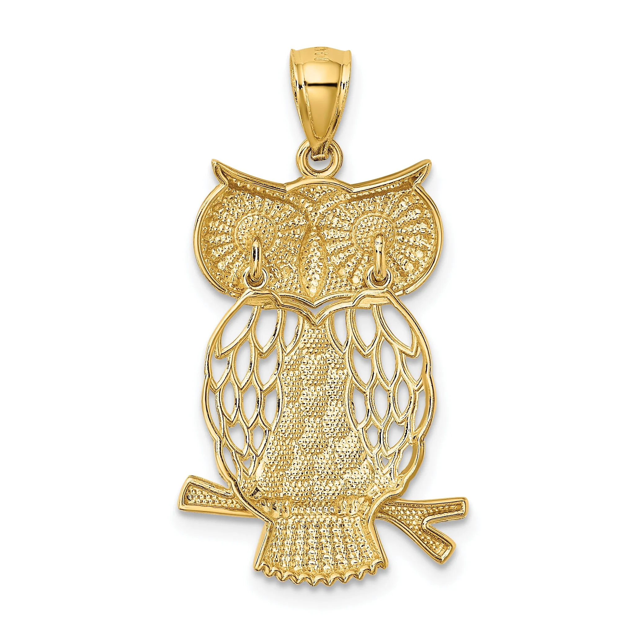 14K Gold Rhodium Diamond-Cut Moveable Owl Pendant Polished Finish