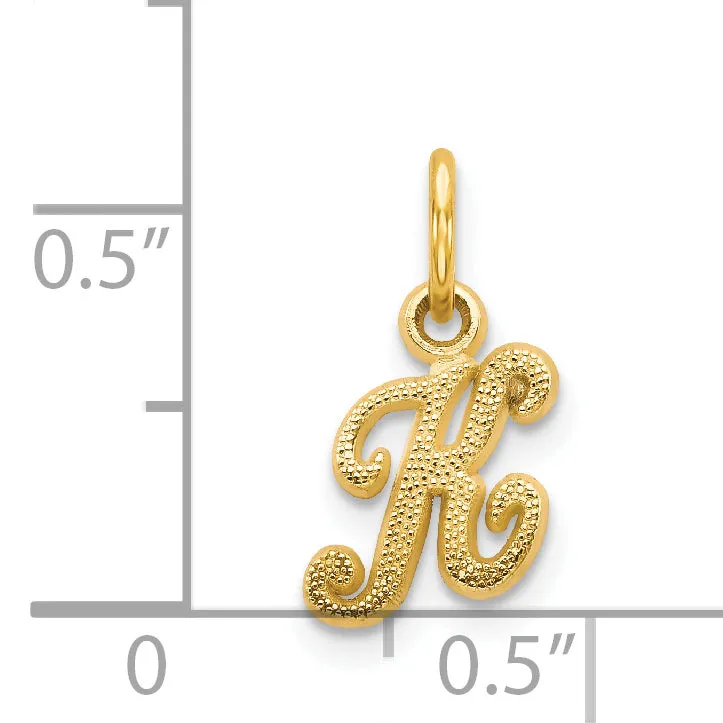 14K Gold Script Letter K Charm with Polished Textured Finish