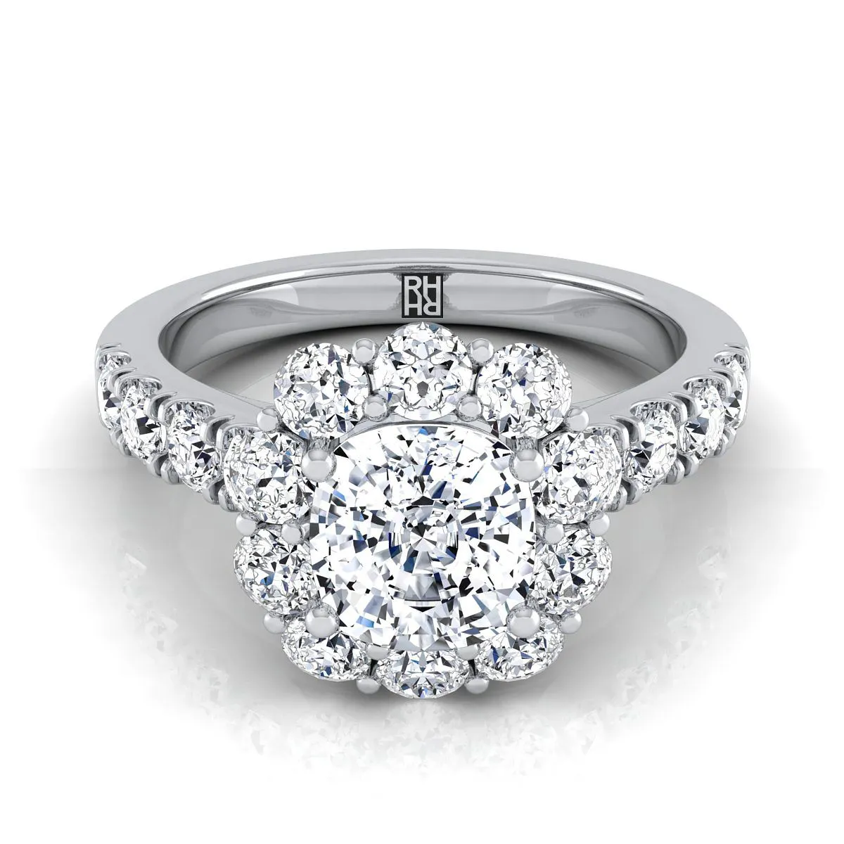 14K White Gold Cushion Diamond Luxe Style French Pave Halo Engagement Ring -1-1/10ctw