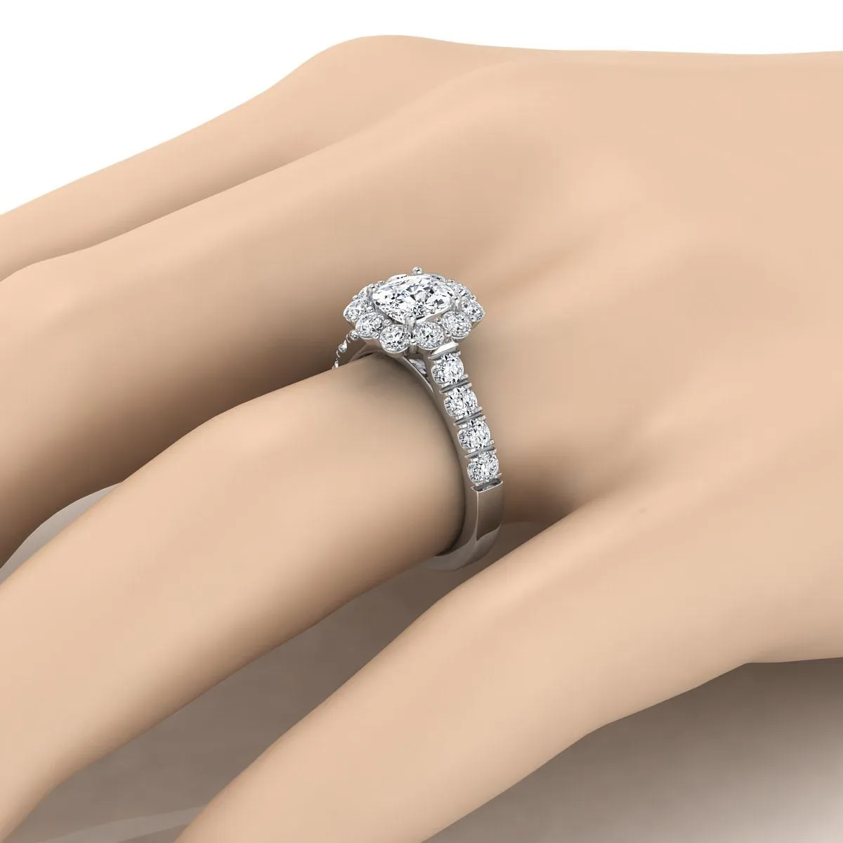 14K White Gold Cushion Diamond Luxe Style French Pave Halo Engagement Ring -1-1/10ctw