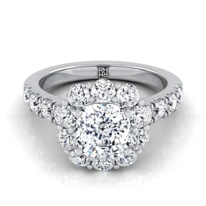 14K White Gold Cushion Diamond Luxe Style French Pave Halo Engagement Ring -1-1/10ctw