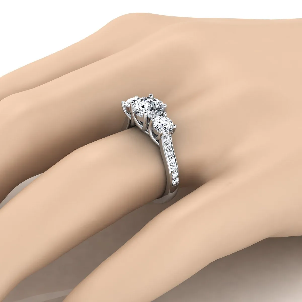 14K White Gold Round Brilliant Diamond Three Stone Classic with Channel French Pave Engagement Ring -7/8ctw