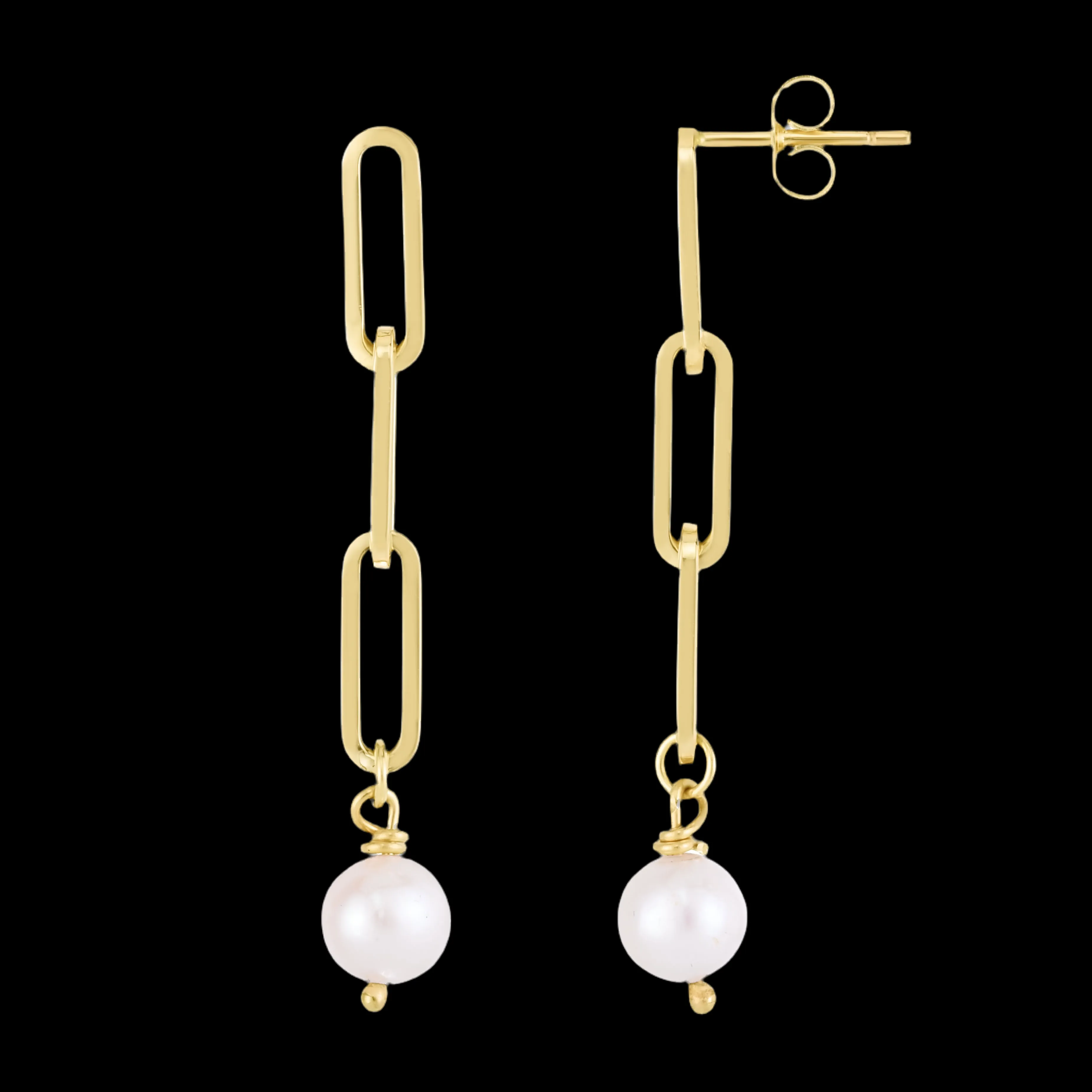 14K Yellow Gold Freshwater Pearl Drop Paperclip Link Earrings
