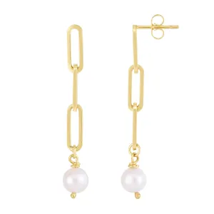 14K Yellow Gold Freshwater Pearl Drop Paperclip Link Earrings