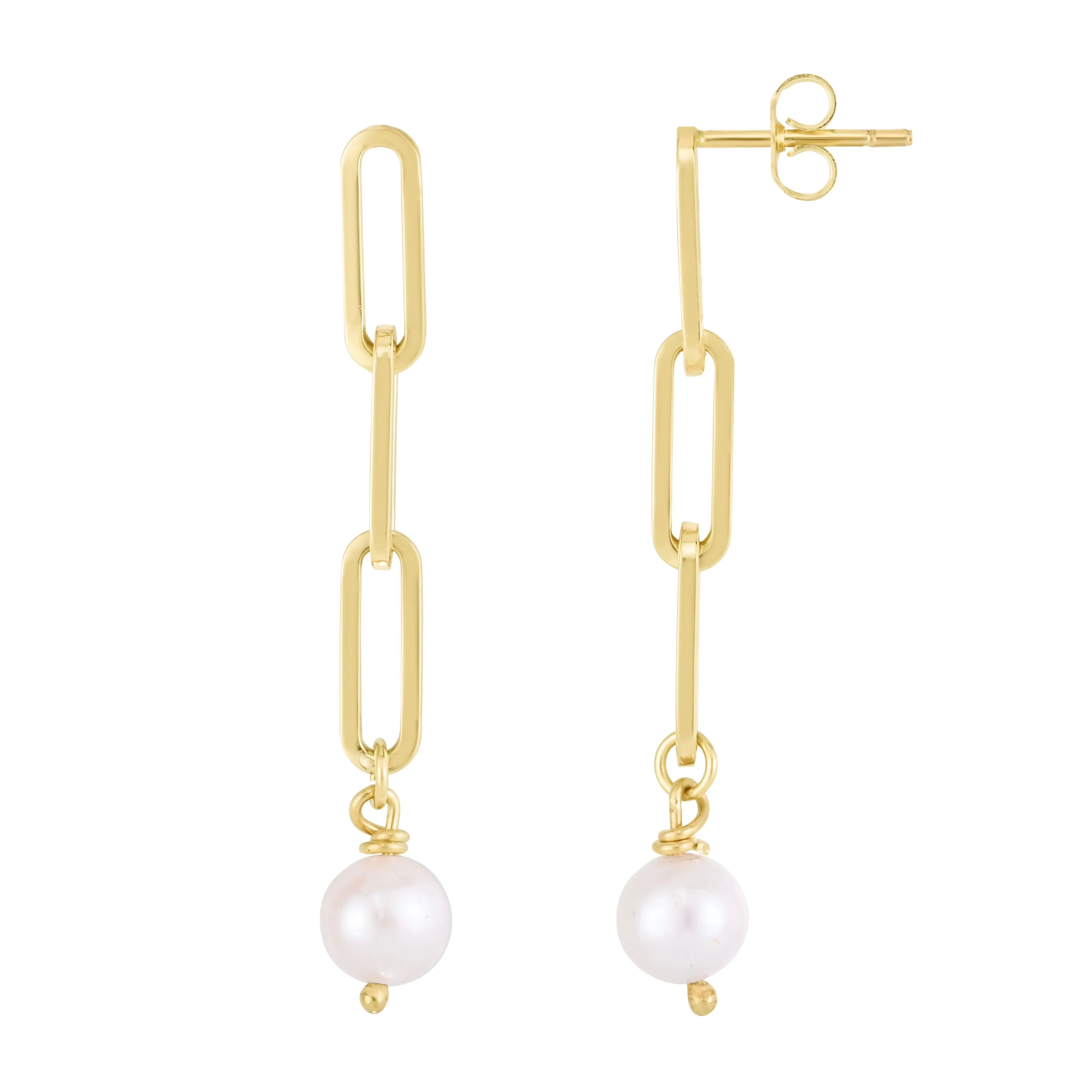 14K Yellow Gold Freshwater Pearl Drop Paperclip Link Earrings