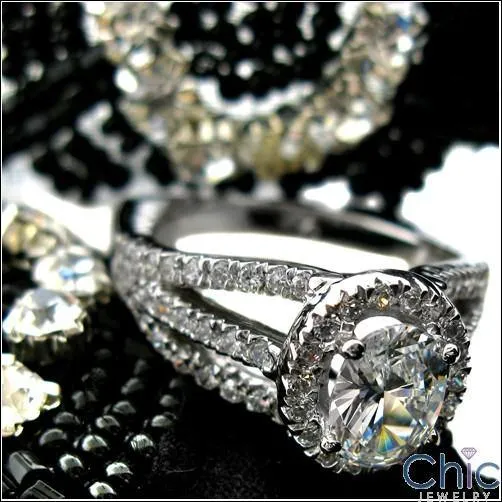 1.5 Oval Cubic Zirconia Center Halo Pave Euro Shank 14K White Gold Cz Ring