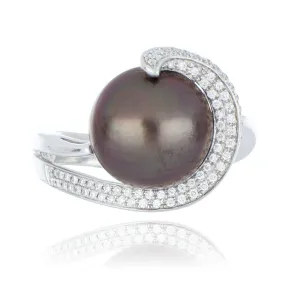 18ct White Gold Black Cultured Pearl And Diamond Twist Ring