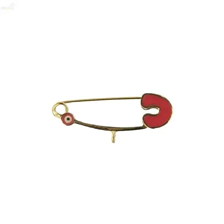 18k Gold Pink Mini Evil Eye Safety Pin with Center Ring