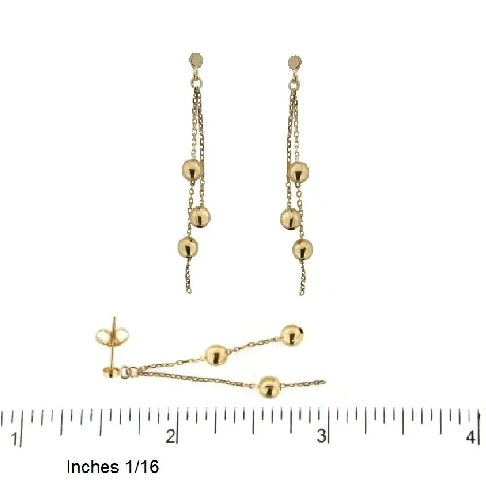 18K Solid Yellow Gold Dangle Ball Post Earrings.