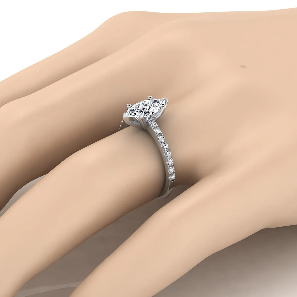 18K White Gold Marquise  Simple Linear Diamond Pave Engagement Ring -1/5ctw