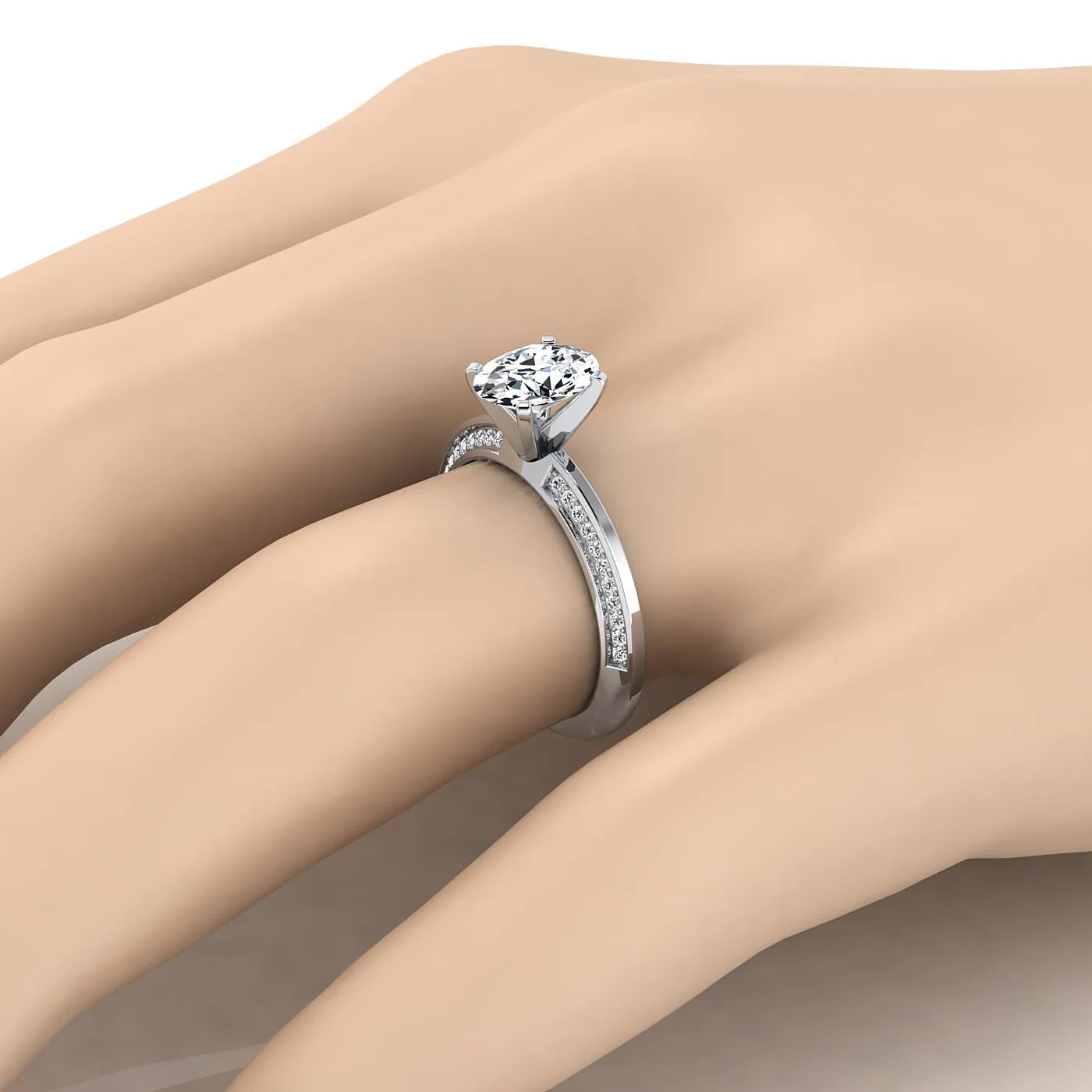 18K White Gold Oval Diamond Knife Edge Micropave Engagement Ring -1/5ctw