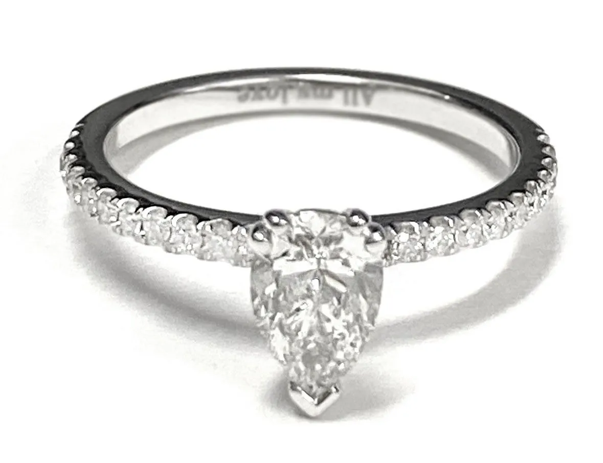18K White Gold Pear Shape Center Diamond Simple French Pave Double Claw Prong Engagement Ring -1/6ctw