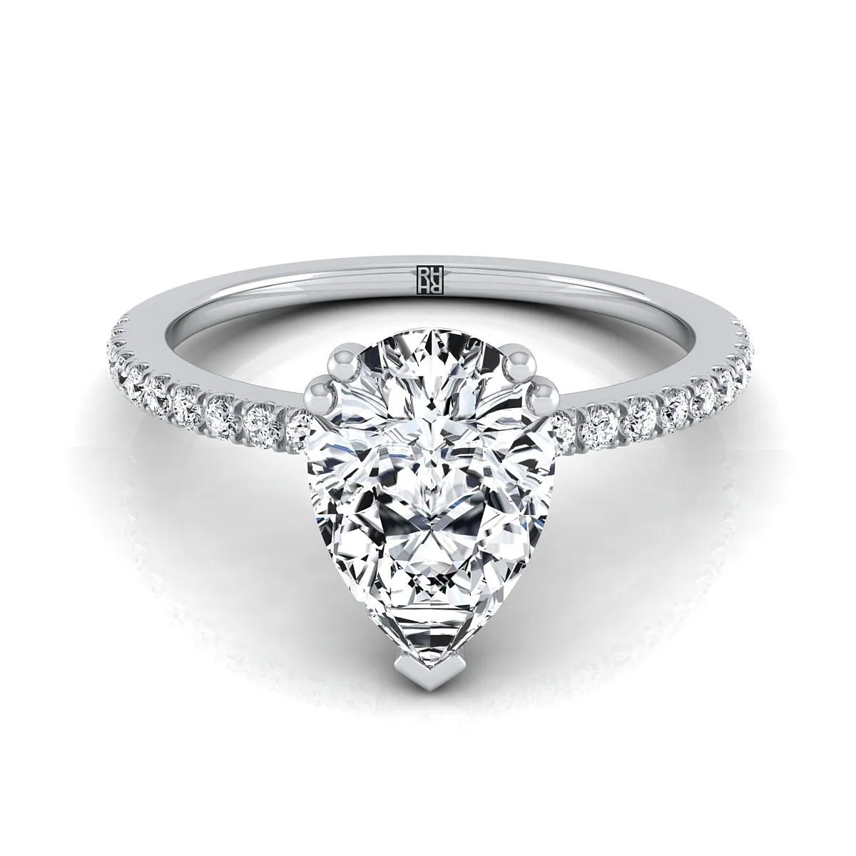 18K White Gold Pear Shape Center Diamond Simple French Pave Double Claw Prong Engagement Ring -1/6ctw