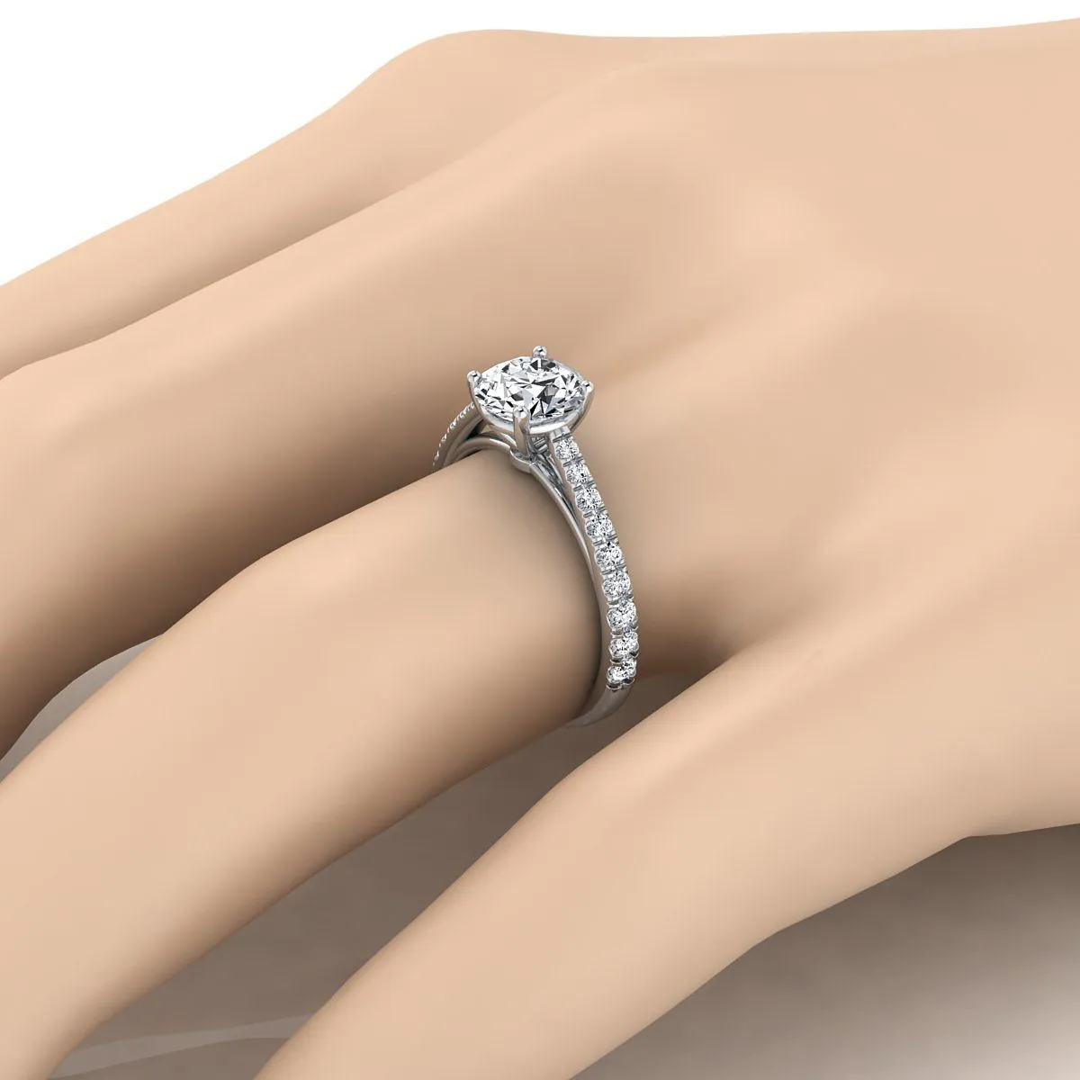 18K White Gold Round Brilliant Diamond French Pave Cathedral Style Solitaire Engagement Ring -1/4ctw
