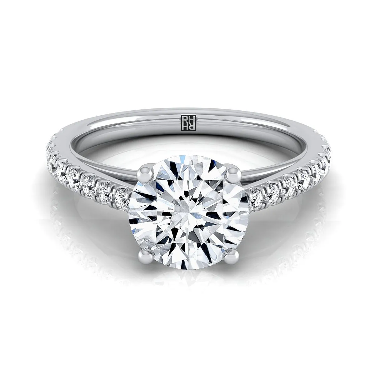 18K White Gold Round Brilliant Diamond French Pave Cathedral Style Solitaire Engagement Ring -1/4ctw
