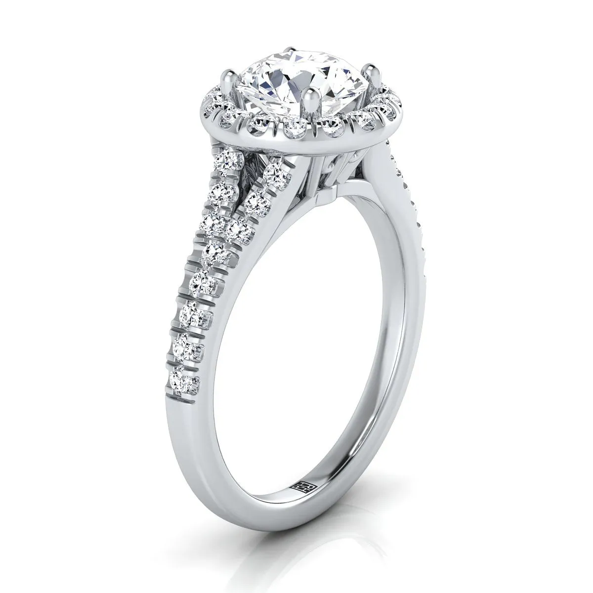 18K White Gold Round Brilliant Diamond Simple Prong Halo with Petite Split Shank Pave Engagement Ring -1/2ctw