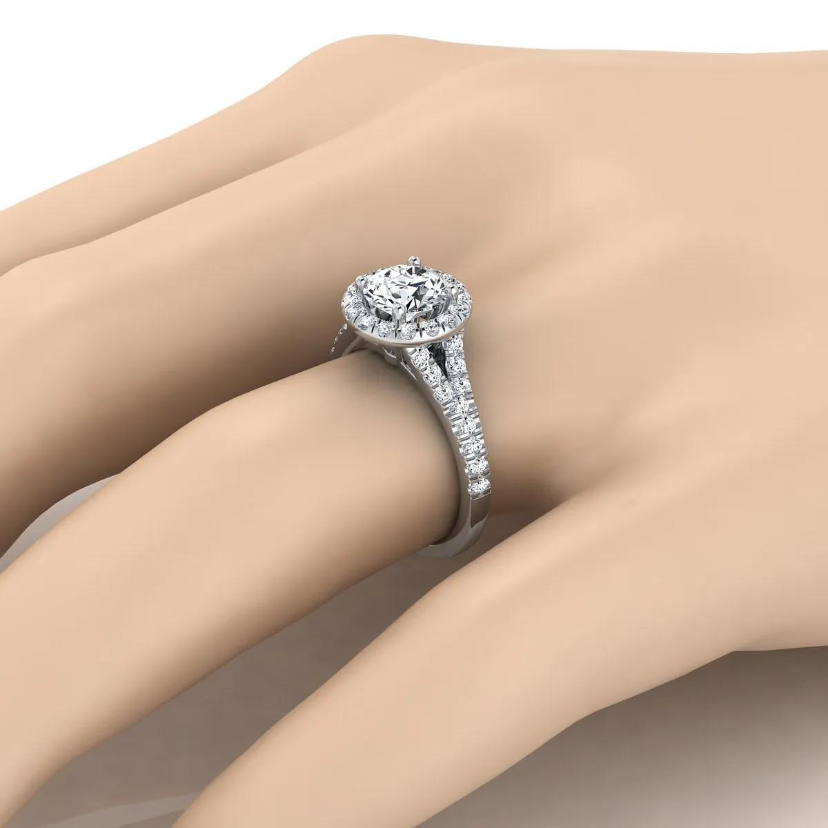 18K White Gold Round Brilliant Diamond Simple Prong Halo with Petite Split Shank Pave Engagement Ring -1/2ctw