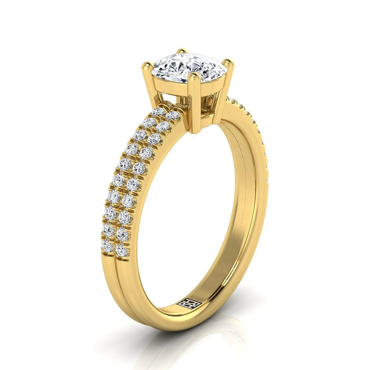 18K Yellow Gold Cushion Diamond Double Pave Row Engagement Ring -1/4ctw