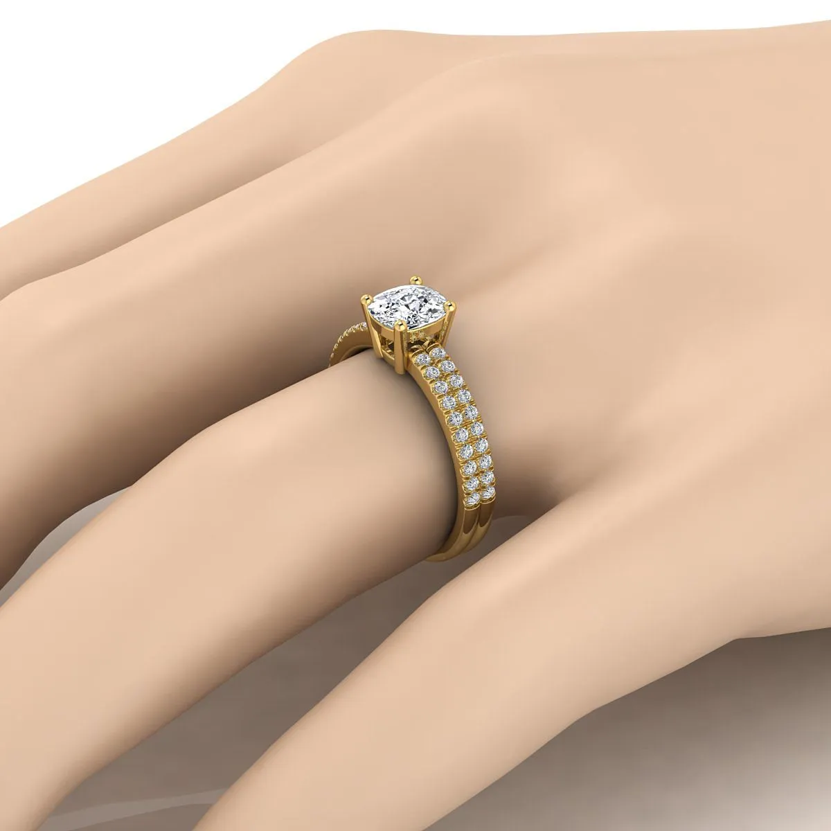 18K Yellow Gold Cushion Diamond Double Pave Row Engagement Ring -1/4ctw
