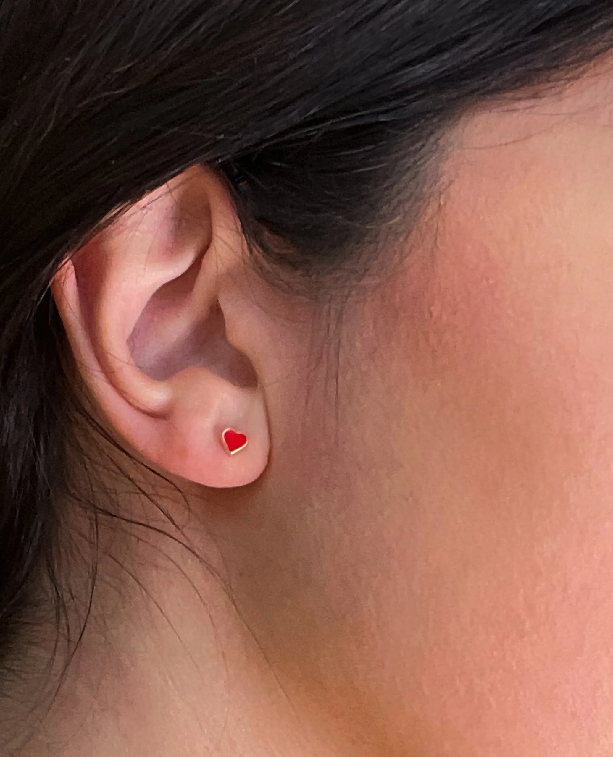 18K Yellow Gold Small Red Heart Screwback Earrings