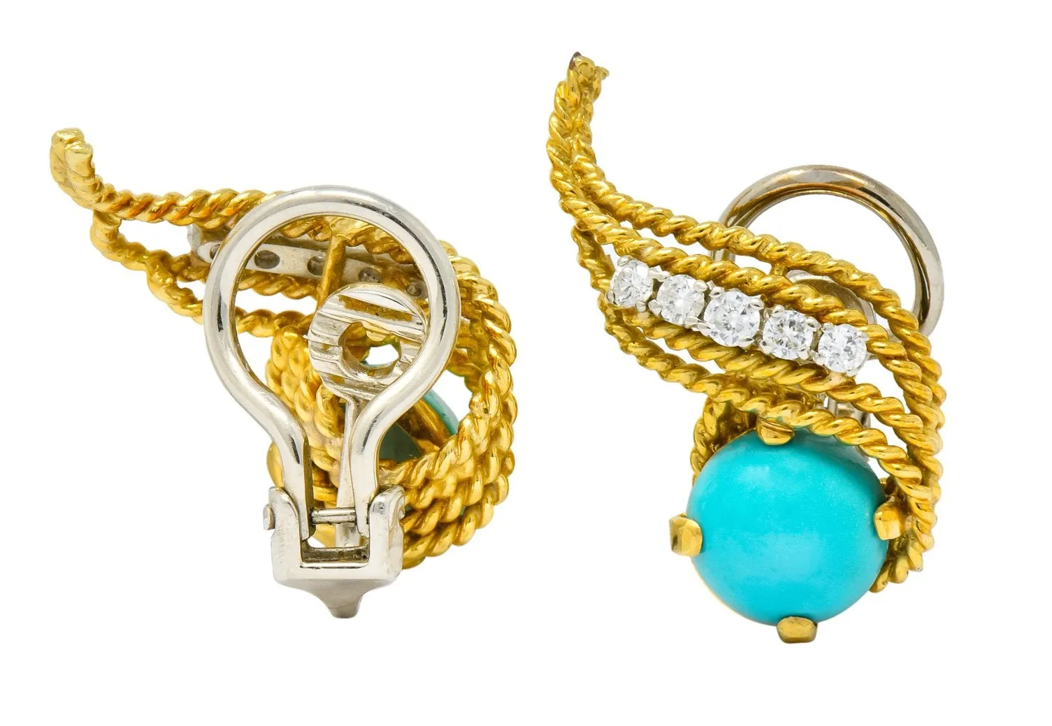 1970's Diamond Turquoise 18 Karat Gold Ear-Clip Earrings